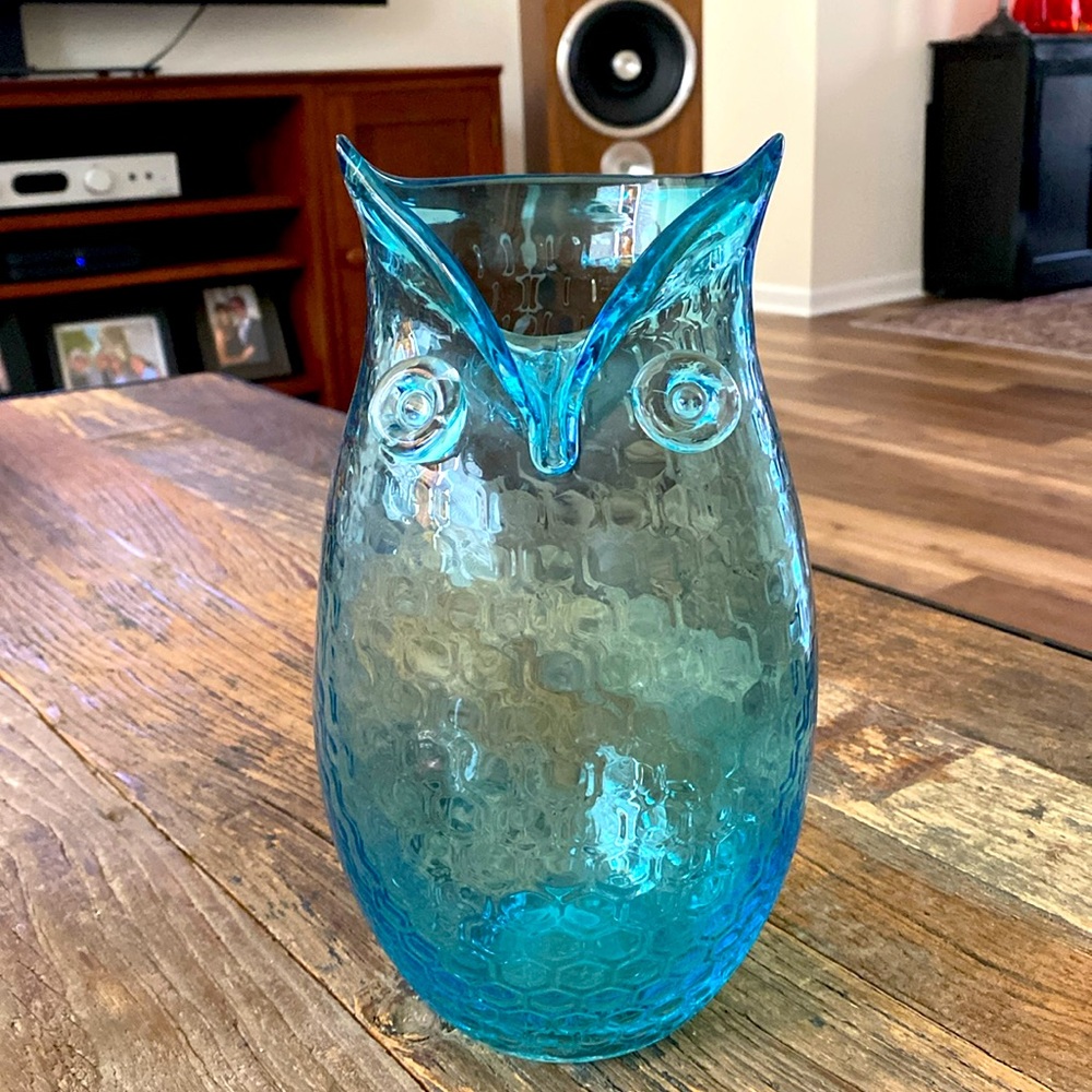 MCM Swung Glass Owl Vase Aqua/Peacock Blue  11”tall